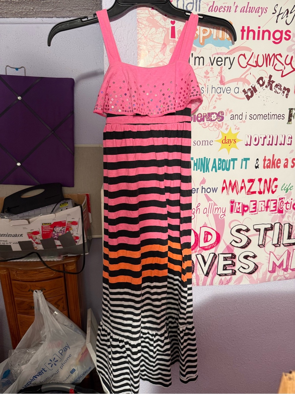Justice Pink Striped Ruffle Maxi Dress with Orange Accent